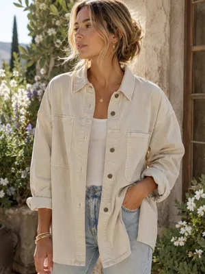 Marine Layer Molly Oversized Shirt Jacket Stone Beige Medium NWT Shacket $168 thumbnail 1