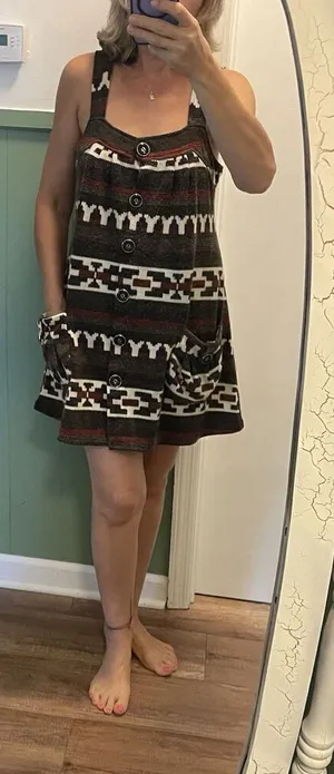 Women’s Boho Knit Mini Sleeveless Tunic Geometric Print Button Up Two Pockets thumbnail 1