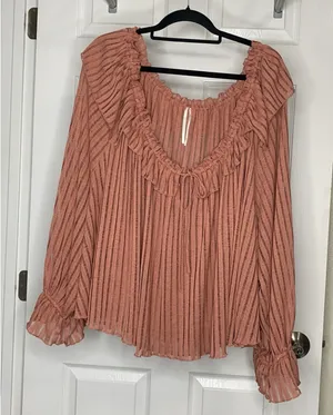 By Anthropologie L/S Sheer Striped Crop Blouse Rose Color Flowy Sz 3XL Tie Bow thumbnail 1
