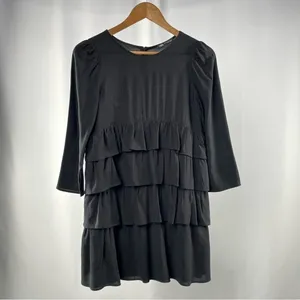 Zara Tiered Ruffle Long Sleeve Mini Dress in Black‎ Size Extra Small thumbnail 2