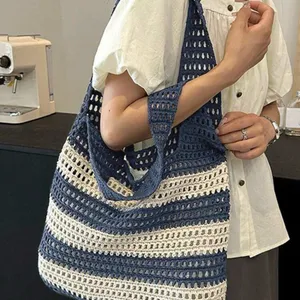 SHEIN Navy and Cream Crochet Tote Bag thumbnail 2