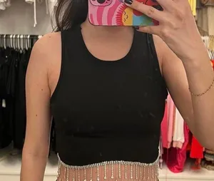 Black Rhinestone Fringe Hem Tank Top Size L thumbnail 6