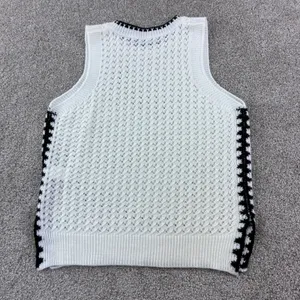 Open Knit Sweater Vest Size Small White Black‎ Contrast Trim Sleeveless Layering thumbnail 8