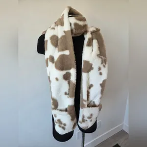 Ultra Soft Cow Print Hat Scarf Mitten Attached Furry Hood Ears Puppy Snow Bunny thumbnail 3