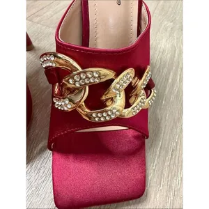 Cape Robbin Disteny Brick Red Satin Slide Mules with Gold Crystal Chain thumbnail 7