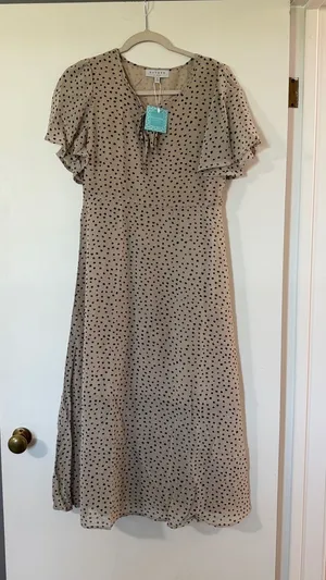 Hayden Beige Midi Dress with Black Polka Dots thumbnail 1