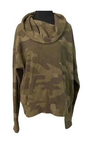 Natural Reflections Camo Waffle Knit Cowl Neck Hoodie Kangaroo Pocket L Military thumbnail 1