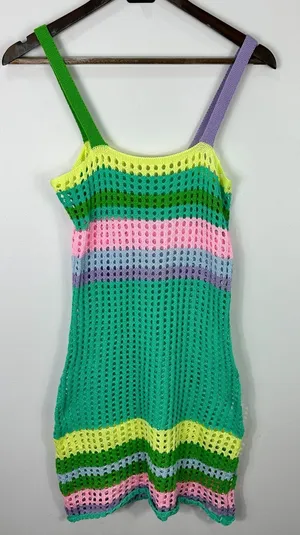 Crochet Knit Mini Dress‎ XS Rainbow Stripe Mesh Y2K Festival Rave Beach Indie thumbnail 1