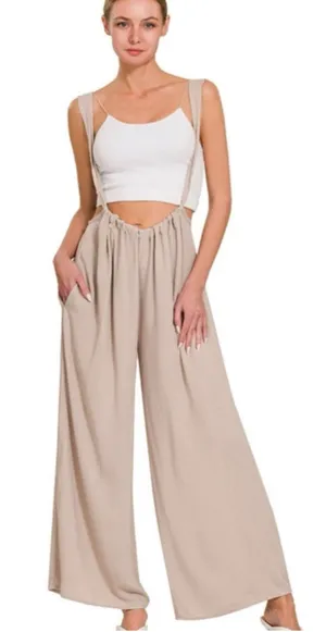 Zenana Woven Tie-Back Suspender Wide-leg Jumpsuit Size S Ash Mocha NIB thumbnail 1