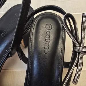 {11} Coutgo Rhinestone Slingback Chunky Heel Pointes Toe Black thumbnail 8