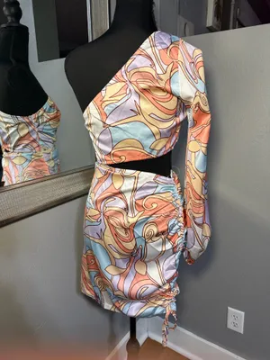 Hello Molly Listen To My Heart Groovy Satin Retro Swirl Dress Size XS. thumbnail 6