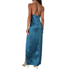 Lulus Maxi Dress XL Teal Blue Satin Gown Divine‎ Entrance Criss Cross Back Slit thumbnail 5