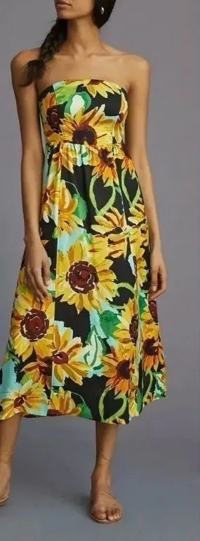 Anthropologie Maeve Sunflower Strapless Silk Rayon Midi Dress boho Cottagecore thumbnail 1
