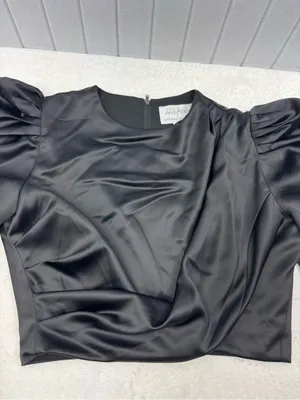 Anthropologie Mare Mare Satin Puff-Sleeve Top Black Draped Puff-Sleeve Blouse thumbnail 10