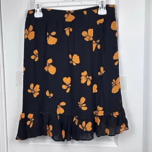 Women's Black Orange Floral Ruffle Hem Midi Skirt Elastic Waist Boho Size XL thumbnail 3