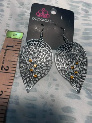 Paparazzi Gunmetal Teardrop Filigree Earrings with Amber Accents thumbnail 3