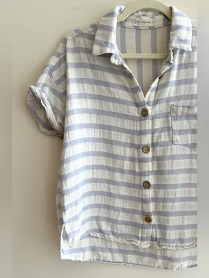 By Together Short Sleeve Button Down Striped Shirt, White/Periwinkle, Size Small thumbnail 2