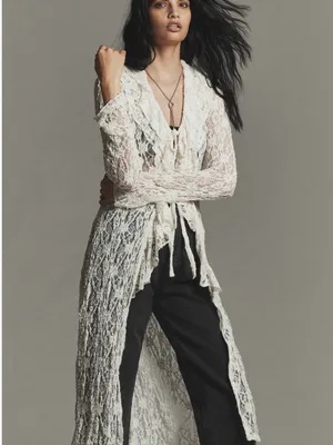 American Vintage Vintage Cream Lace Open Front Robe Duster Cardigan Size Small thumbnail 12