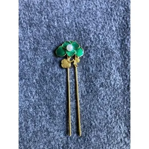 Elegant Gold Tone Green‎ Enamel Flower Pearl Hair Pin Stick Bun Holder thumbnail 2