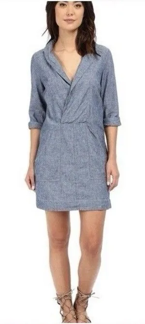 Free People “Done Up In Denim” Sz Small Blue Mini Dress Deep V Shawl Collar Boho thumbnail 1