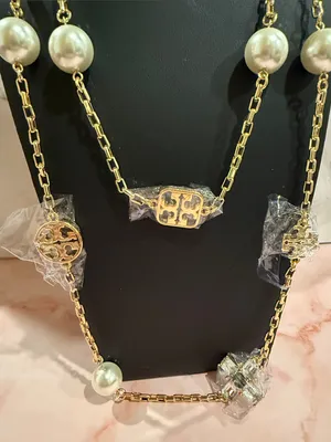 Tory Burch | Gold Plated, Crystal & Pearl Long Station Necklace thumbnail 3