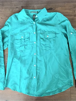LAUREN Ralph Lauren Silk Blend Teal Turquoise Button Down Shirt Women Medium thumbnail 4