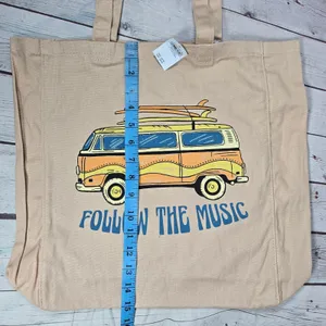 American Eagle Canvas‎ Tote Bag Follow The Music Van Surfboard Graphic Beige thumbnail 9