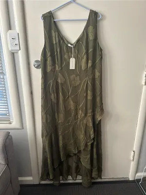 Olive Green Sleeveless V-Neck High-Low Floral Dress thumbnail 3