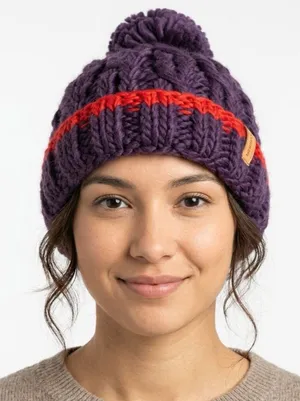 Chunky Knit Pom Beanie in Purple with Red Stripe Merrell thumbnail 1