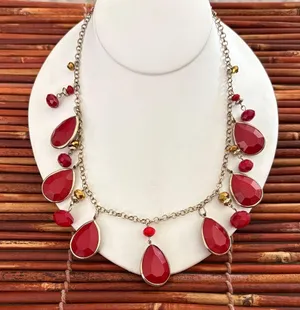 Chic Red Teardrop Necklace with Gold Accents 18”-20.5” thumbnail 1
