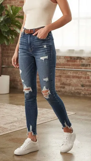 American Eagle Outfitters Dark Blue Distressed High-Rise Skinny Jeans thumbnail 1