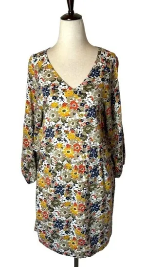 QMack Yellow Floral Print‎ V Neck Elastic Waist Blouson Mini Dress Size XS thumbnail 1