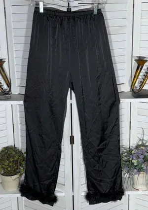 Vintage Y2K black satin pants faux fur ankles wide leg elastic waist whimsigoth thumbnail 1