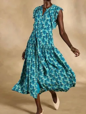 Sundance Tierra Floral Button Down Midi Dress Women's Blue Size Petite Large PL thumbnail 1