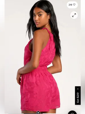 Lulus Here for the Fun Magenta Burnout Floral Jacquard Romper XS Coquette thumbnail 3