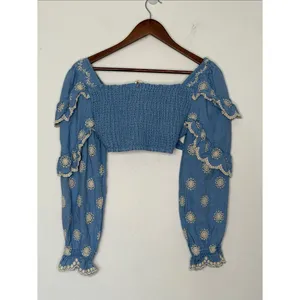 LoveShackFancy Milanti Crop Top Hydrangea Blue Floral Embroidered Linen Medium thumbnail 4