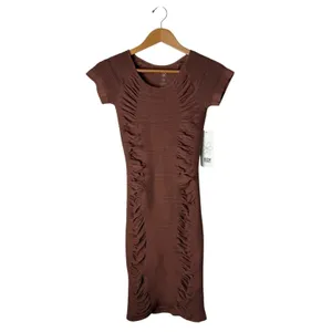 AURA Ruched Bodycon Dress Women Large‎ Brown NWT Cutout Back Ribbed Knit Sheath thumbnail 3