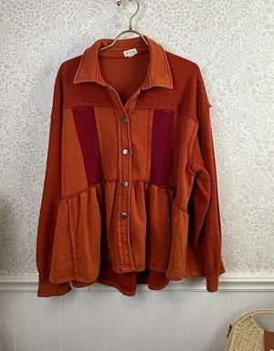 POL Boho Orange Oversized Button-Front Peplum Sweatshirt Jacket - Size - Small thumbnail 1