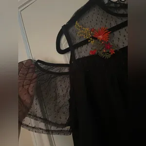 Black off the shoulder top with sheer mesh sleeves and embroidered flowers thumbnail 4