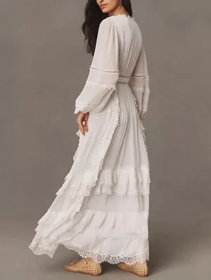 Rococo Sand Mia‎ Long-Sleeve Ruffled Maxi Dress White Lace V-Neck Boho Resort XS thumbnail 4
