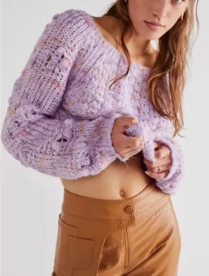 Free People Womens Sunset Cloud Pullover Sweater Purple Chunky Knit Crop Top thumbnail 6