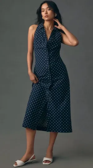 Anthropologie Maeve Polka Dot Navy Halter Midi Dress Size S thumbnail 1