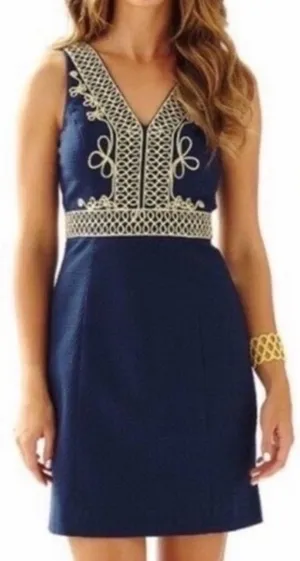 Lilly Pulitzer Navy Blue‎ Gold Embroidered Silk Dress Size 6 thumbnail 1