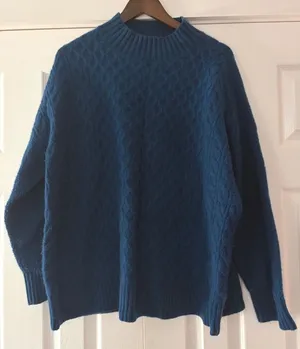 Ann‎ Taylor 100% Cashmere Sweater XL Teal Blue Cable Knit Mock Neck Pullover thumbnail 1