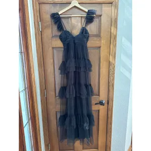 LULU'S Pure Radiance Black Mesh Swiss Dot Tiered Maxi Dress Size XS thumbnail 6
