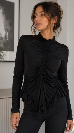 Anthropologie Massimo Dutti Black Ruched Ruffle Top Size L NWOT thumbnail 1