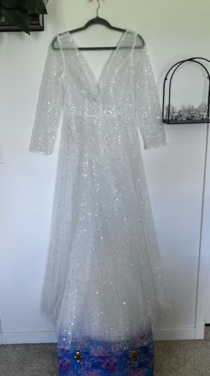 NWT Merry’s Bridal White Sequin Sheer V Neck Long Sleeve Wedding Gown Size 8 thumbnail 1