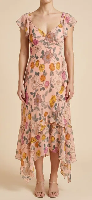 Angie Floral Ruffle Handkerchief Hem Midi Dress Pink Medium NWT thumbnail 1