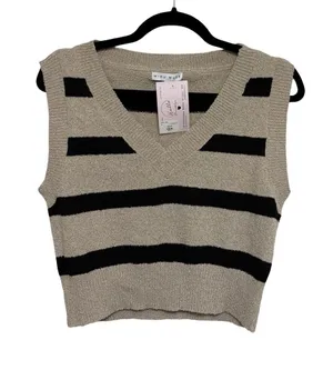 NEW Miou Muse V Neck Cropped Sweater Vest in Black and Beige Stripe - Size M thumbnail 1
