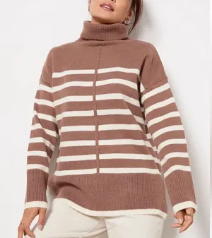 Line & Dot Stripe Pullover Tan & Cream Turtleneck Sweater(Size Medium) thumbnail 1
